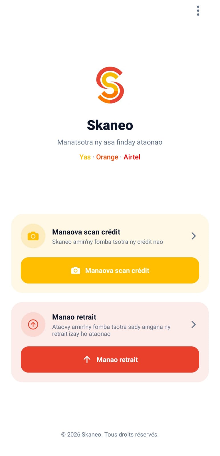 Écran d'accueil de Skaneo